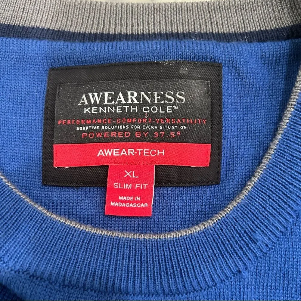 Kenneth Cole Awearness Wool Blend Blue Slim Fit Sweater Colorblock Sleeve XL